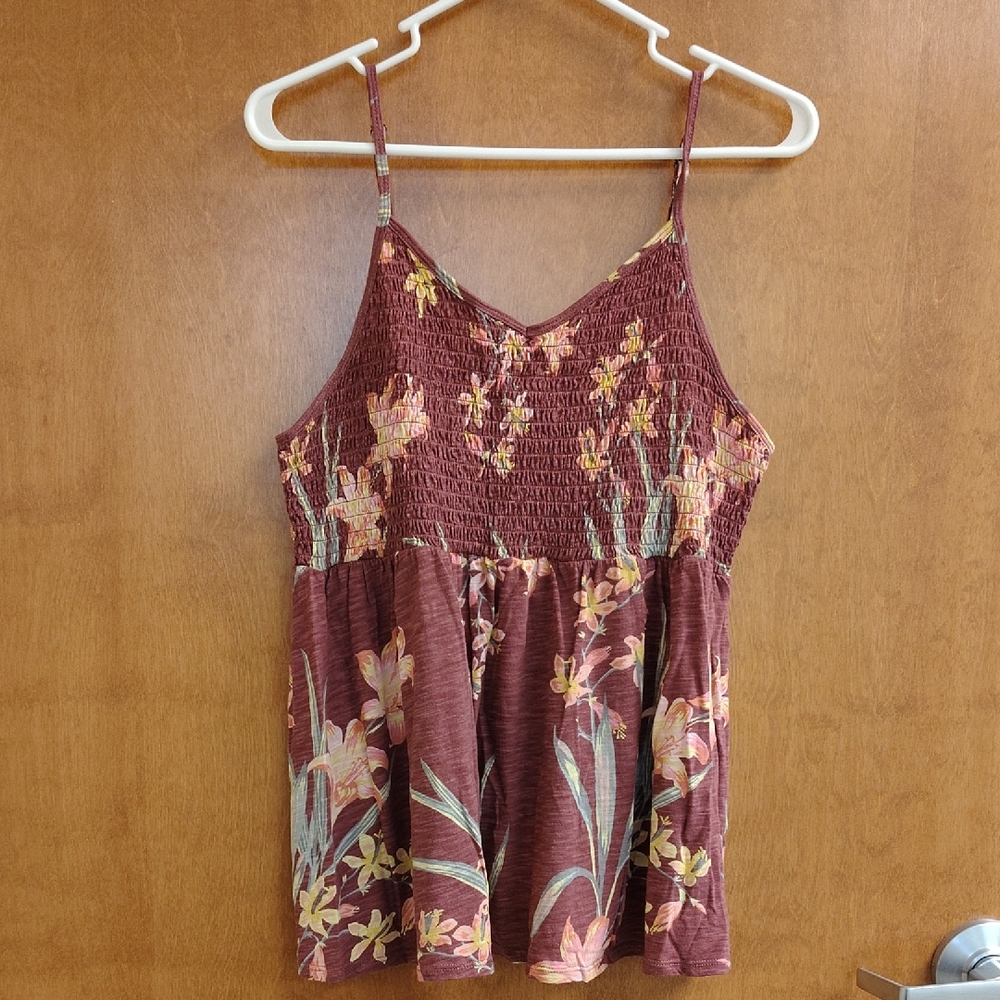 Torrid Flowy Smocked Top in Burgandy With Pink And Yellow Floral